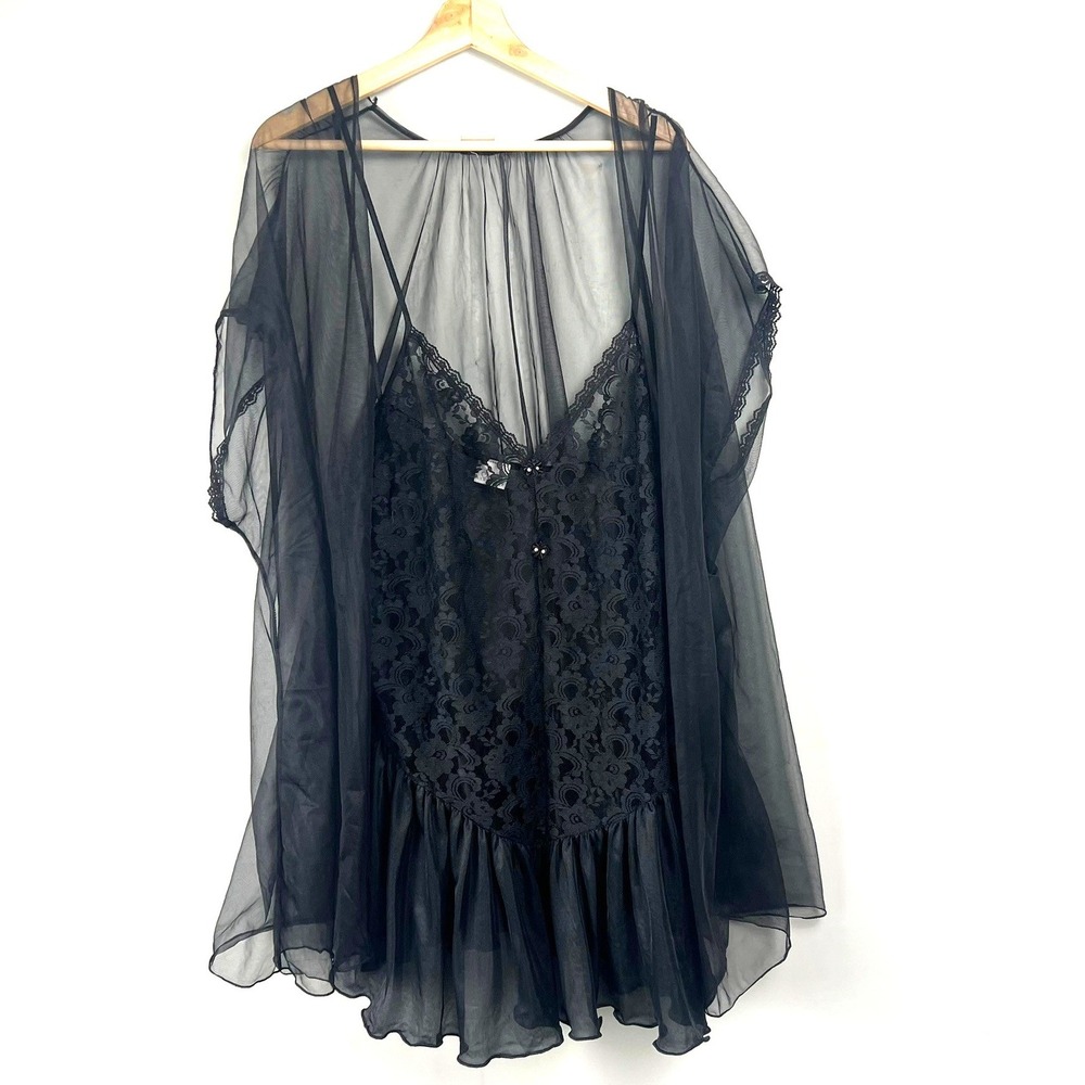 Sopré Lingerie Black Lace Chemise Sheer Mesh Robe Set Gothic Romantic Sexy Retro